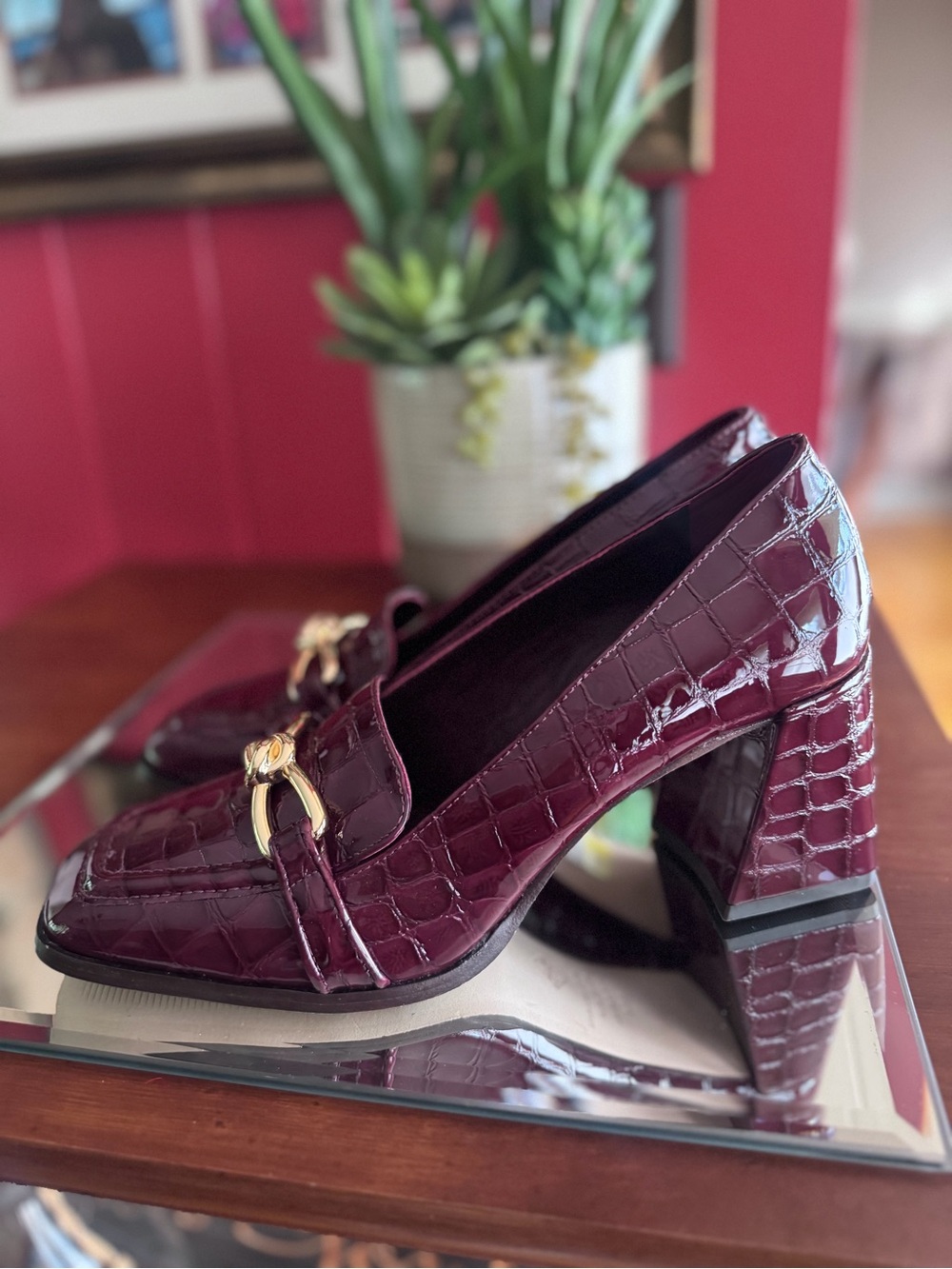 Antonio Melani Patent Croc-Embossed Block Heel Loafers - Burgundy - Picture 2 of 6